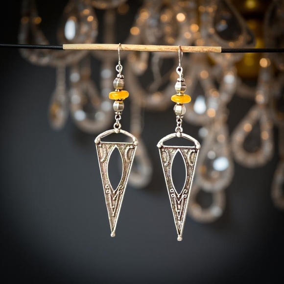 Antique Silver and Yellow glass Geometric Dangle Earrings - Picture 8 of 11